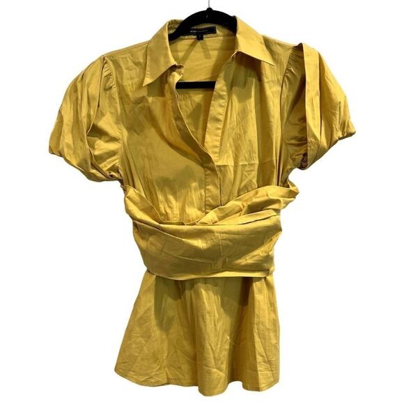 BCBGMaxazria Blouse Womens Small Yellow Stretch Dolman Sleeve Tie Waist V-Neck - Picture 1 of 12
